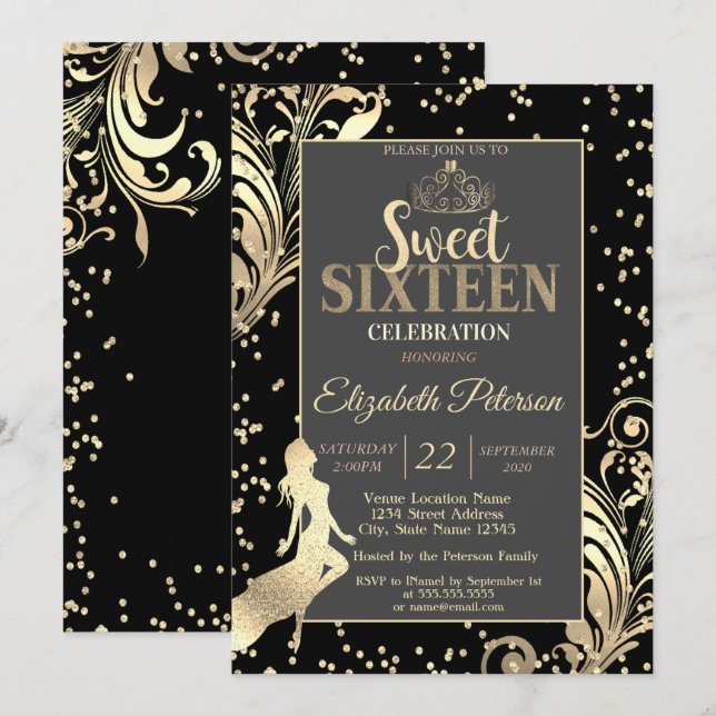 Gold Tiara High Heels Diamonds Girl Sweet 16 Party Invitation (Front/Back)
