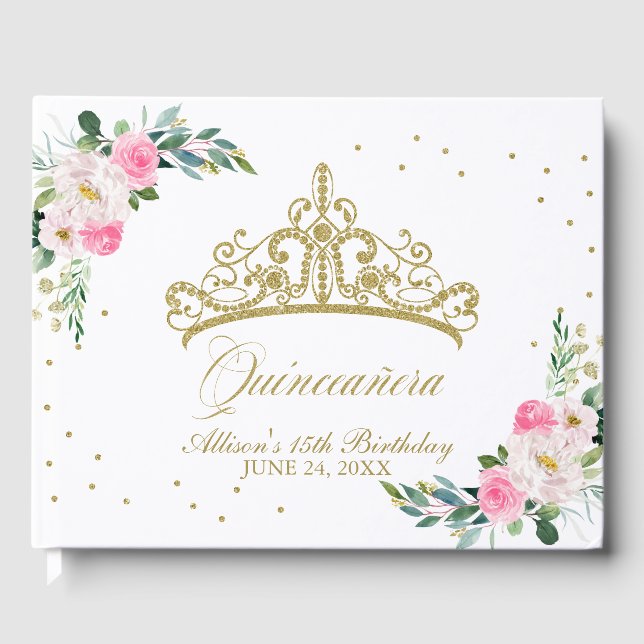 Gold Tiara Hot Pink Floral Quinceanera Guest Book (Front)