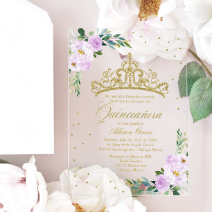 Gold Tiara Lilac Flowers Quinceañera  Acrylic Invitations
