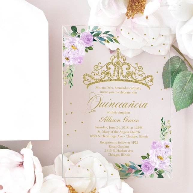 Gold Tiara Lilac Flowers Quinceañera  Acrylic Invitations (Creator Uploaded)