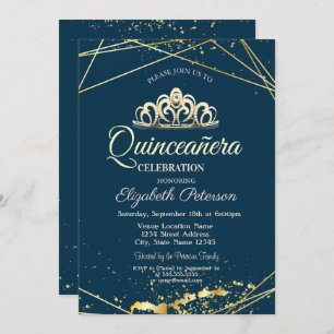 Gold Tiara, Navy Blue Quinceañera Invitation