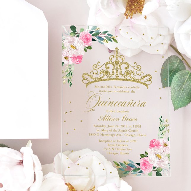 Gold Tiara Pink Flowers Quinceañera  Acrylic Invitations (Creator Uploaded)