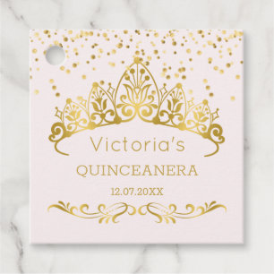 Gold tiara, polka dot confetti Quinceanera Favour Tags