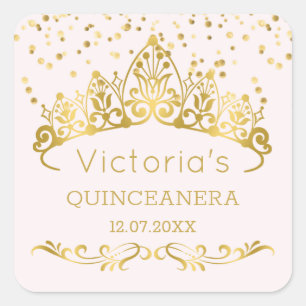 Gold tiara, polka dot confetti Quinceanera Square Sticker