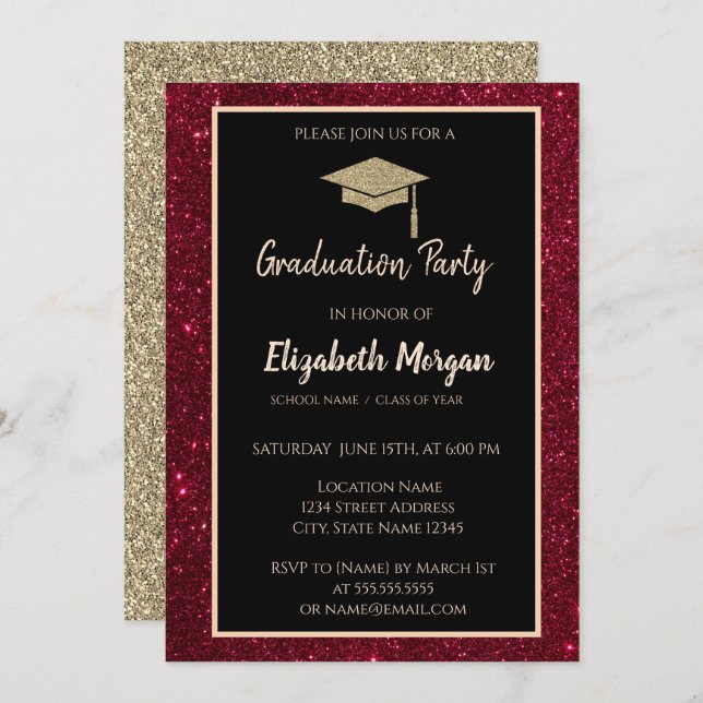  Gold Tiara Red Glitter Graduation Invitation (Front/Back)