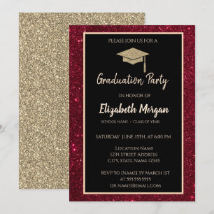  Gold Tiara Red Glitter Graduation Invitation