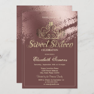 Gold Tiara Rose Gold Brush Stroke Sweet 16 Invitation