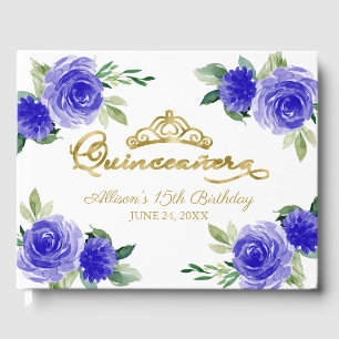 Gold Tiara Royal Blue Floral Quinceanera Guest Book