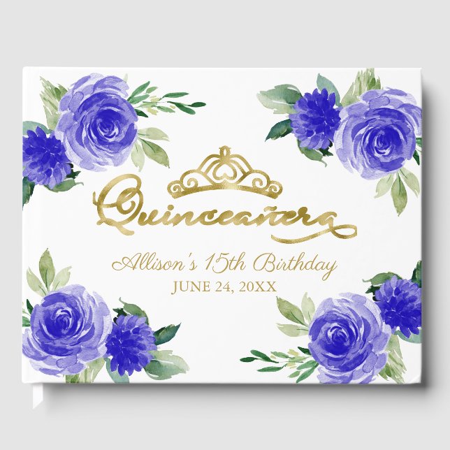 Gold Tiara Royal Blue Floral Quinceanera Guest Book (Front)