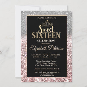 Gold Tiara Silver Bokeh Rose Gold Glitter Sweet 16 Invitation