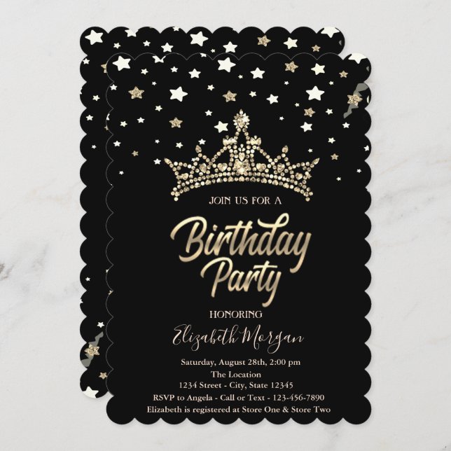 Gold Tiara Stars Black Birthday Party  Invitation (Front/Back)