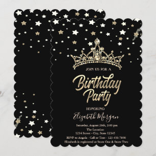 Gold Tiara Stars Black Birthday Party Invitation