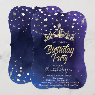 Gold Tiara Stars Blue Birthday Party Invitation