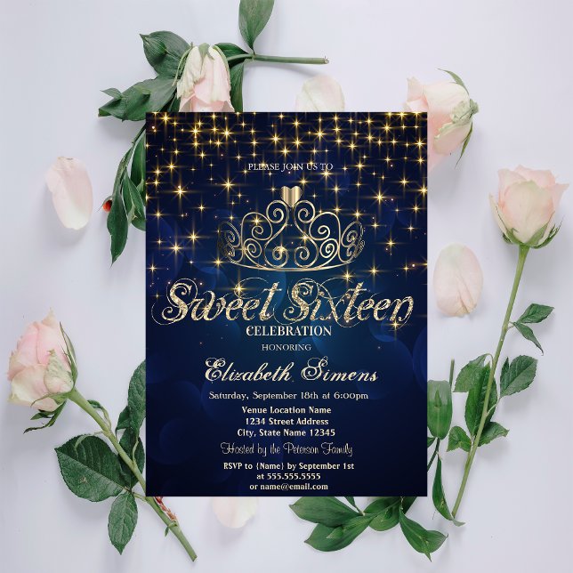 Gold Tiara Stars Princess Navy Blue Sweet 16 Invitation (Creator Uploaded)