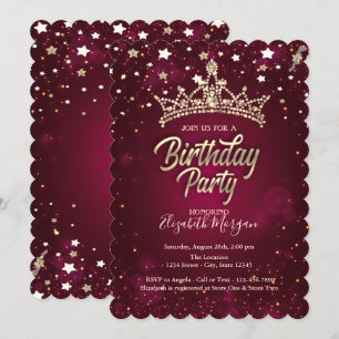 Gold Tiara Stars Red Birthday Party Invitation