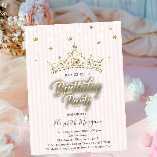 Gold Tiara Stars Striped Birthday Party Invitation