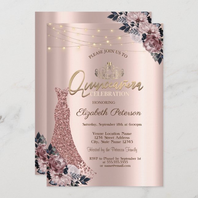Gold Tiara,String Lights Floral Dress  Invitation (Front/Back)