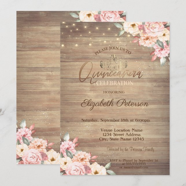 Gold Tiara,String Lights Floral Wood Quinceañera Invitation (Front/Back)