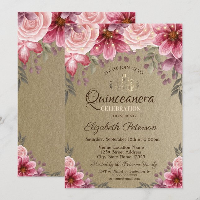 Gold Tiara,String Lights Flowers Kraft Quinceañera Invitation (Front/Back)