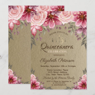 Gold Tiara,String Lights Flowers Kraft Quinceañera Invitation