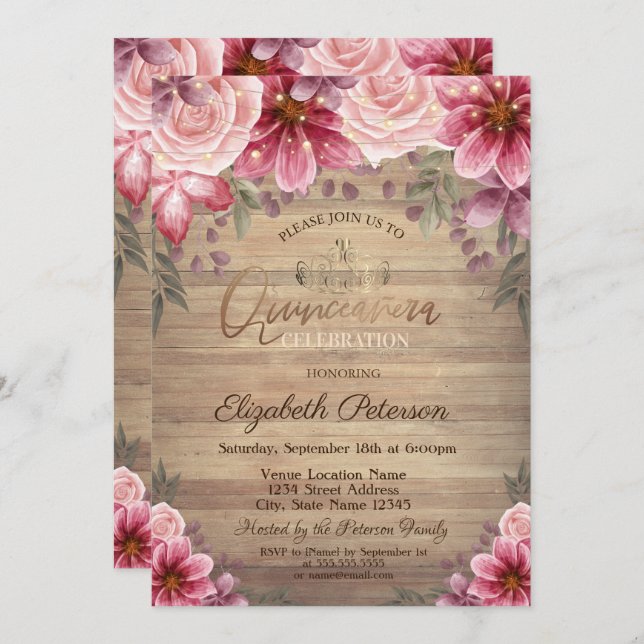 Gold Tiara,String Lights Flowers  Wood Quinceañera Invitation (Front/Back)