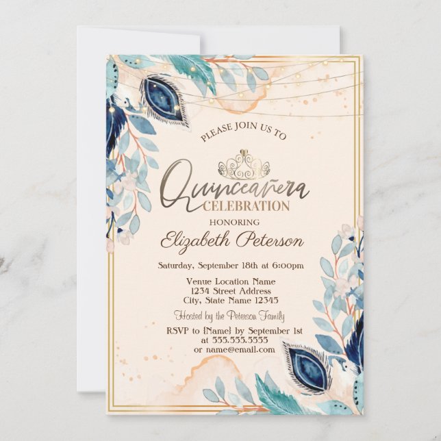 Gold Tiara,String Lights Wood Flowers Quinceañera Invitation (Front)