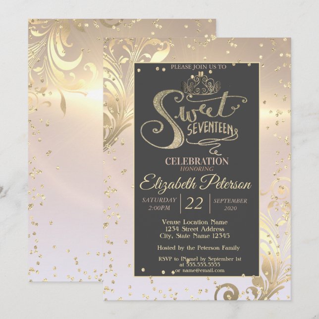 Gold Tiara Sweet Diamonds 17 Birthday Invitation (Front/Back)
