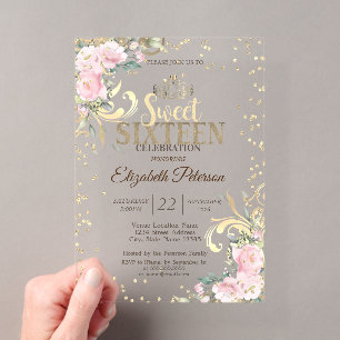 Gold Tiara Sweet Diamonds Flowers 16 Party Acrylic Invitations