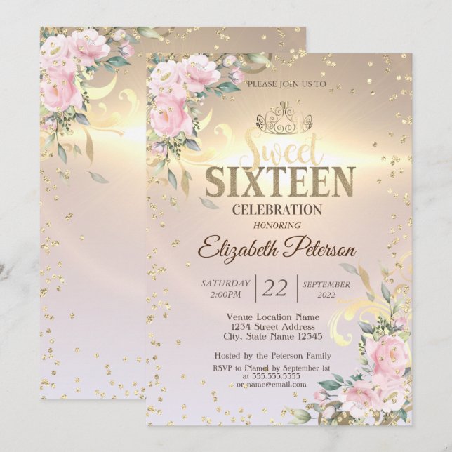 Gold Tiara Sweet Diamonds Flowers 16 Party  Invitation (Front/Back)