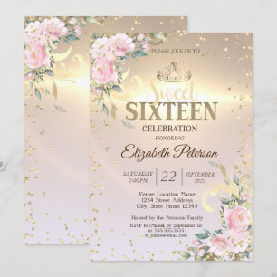 Gold Tiara Sweet Diamonds Flowers 16 Party Invitation