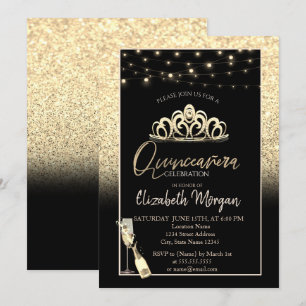 Gold Tiara,Wine Glass Glitter Quinceañera Invitation