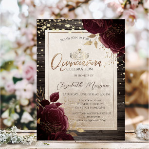 Gold Tiara,Wood Burgundy Roses Quinceañera   Invitation