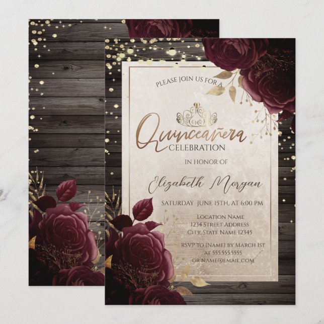 Gold Tiara,Wood Burgundy Roses Quinceañera   Invitation (Front/Back)