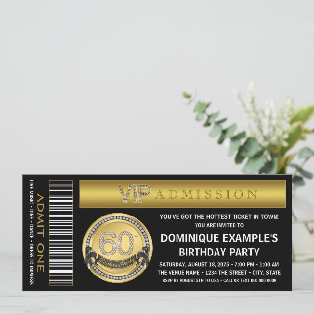 Gold Ticket 60th Birthday Party Invitation (Standing Front)