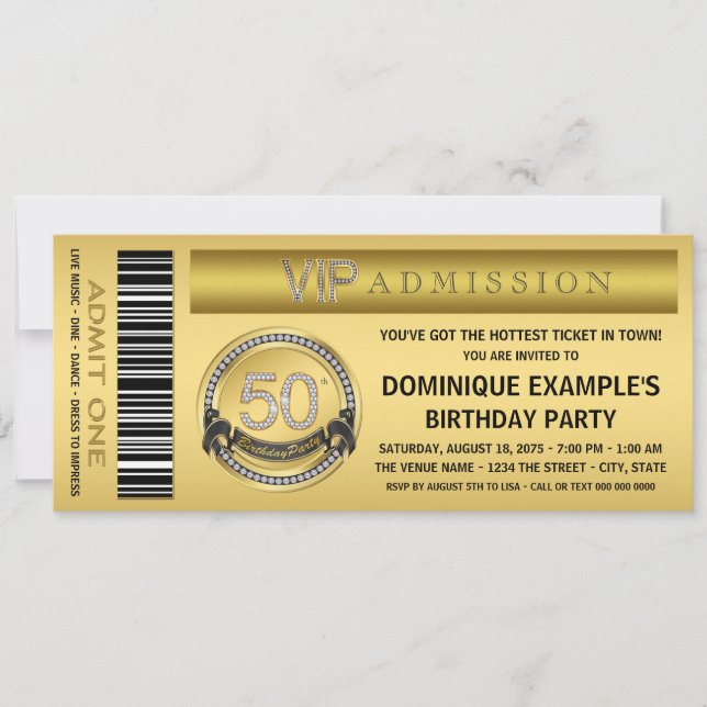 Gold Ticket VIP 50th Birthday Party Invitation (Front)