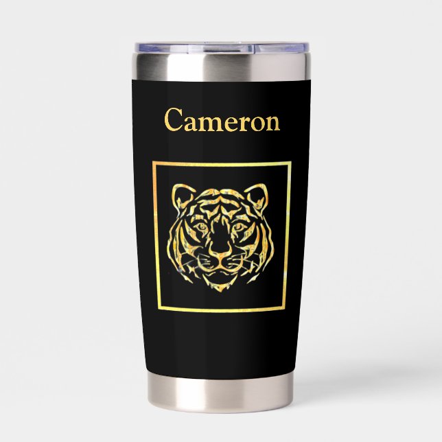 Gold Tiger Face on Black Insulated Tumbler (Front)