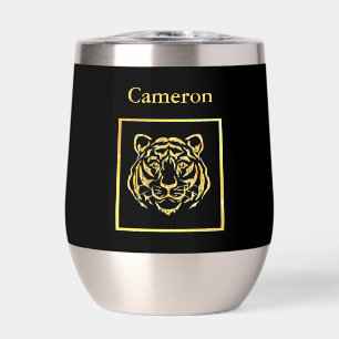 Gold Tiger on Black Background Wine Tumbler