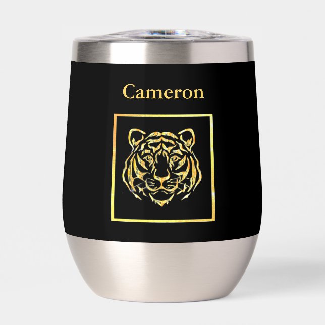 Gold Tiger on Black Background Wine Tumbler (Front)