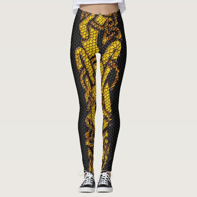 Gold Tiled Celtic Knot Dragon Hound on Black Leggings (Front)
