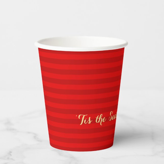 Gold Tis Season to be Jolly Christmas Red Stripes Paper Cups (Front)