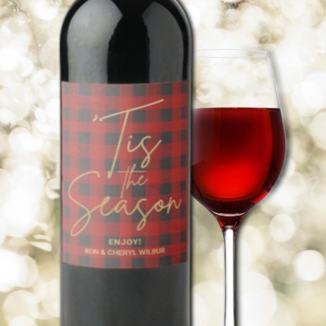 Gold Tis the Season Red Buffalo Plaid Wine Label (Creator Uploaded)