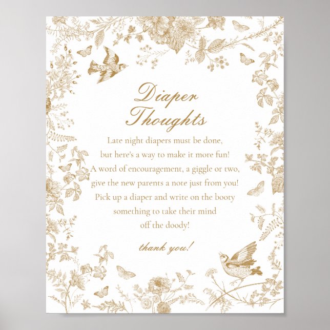 Gold Toile De Jouy Diaper Thoughts Baby Shower Poster (Front)
