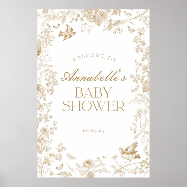 Gold Toile De Jouy Floral Baby Shower Welcome Sign (Front)