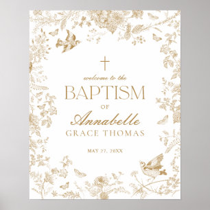 Gold Toile De Jouy Floral Baptism Welcome Sign