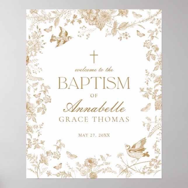 Gold Toile De Jouy Floral Baptism Welcome Sign (Front)