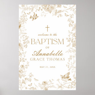 Gold Toile De Jouy Floral Baptism Welcome Sign