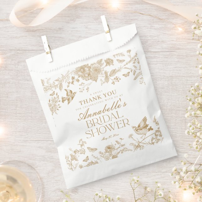 Gold Toile De Jouy Floral Bridal Shower Dessert Favour Bags (Clipped)