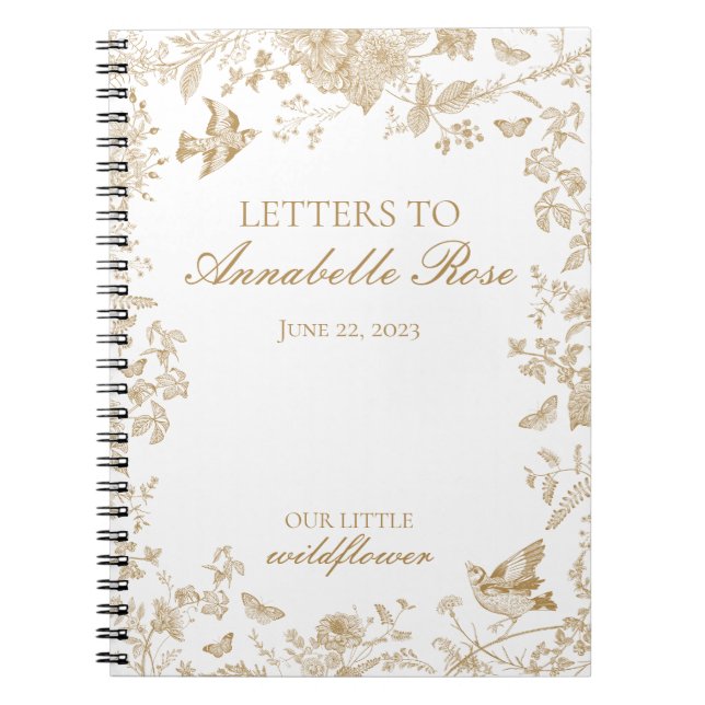 Gold Toile De Jouy Floral Letters to Birthday Girl Notebook (Front)