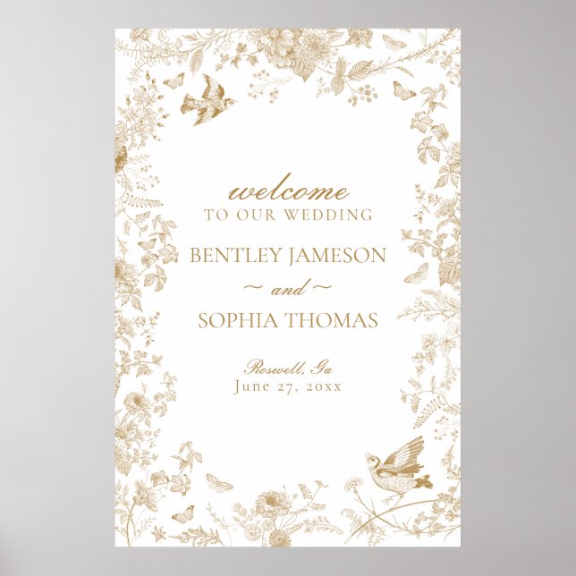 Gold Toile De Jouy Floral Wedding Welcome Sign (Front)