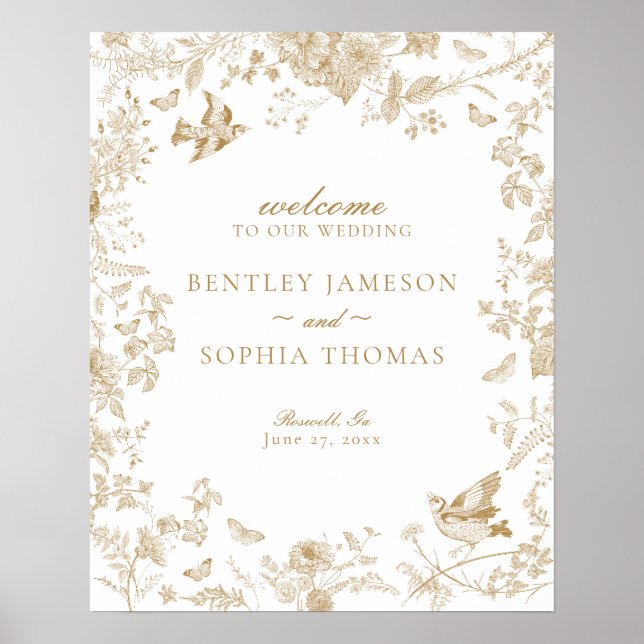 Gold Toile De Jouy Floral Wedding Welcome Sign (Front)